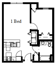 Floor Plan  A floor plan of a one bedroom apartment.