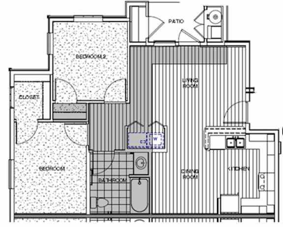 Floor Plan  A floor plan of a house with labeled rooms such as Bedroom 2, Bathroom, Kitchen, Living Room, and Patio.