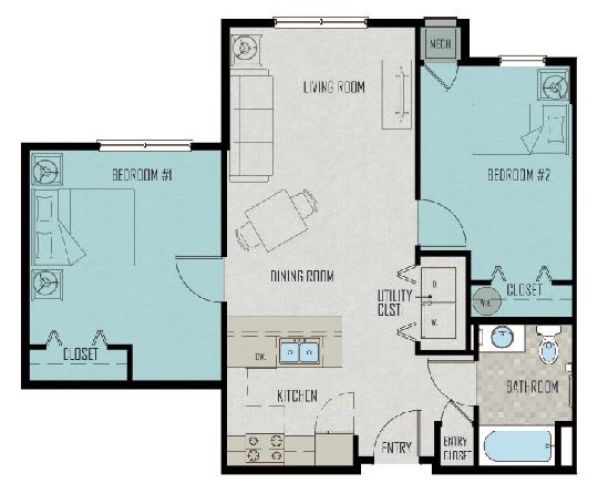 Floor Plan  A floor plan of a two bedroom unit.