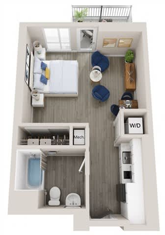 Floor Plan  A small apartment with a bedroom, bathroom, and kitchen.