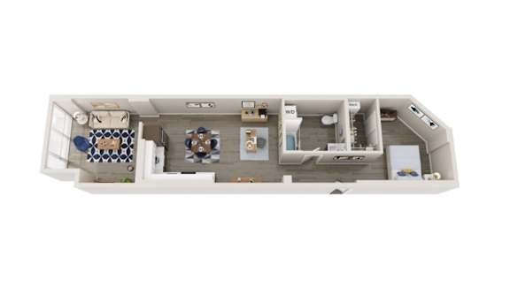 Floor Plan  A white model of a boat with a kitchen and living room.