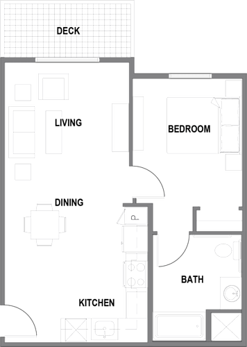 Floor Plan  The Bluffs at 44th 1 bedroom 1 bath 745-810sf A floor plan of a house with labeled rooms including a kitchen, living room, dining room, bedroom, and bathroom.
