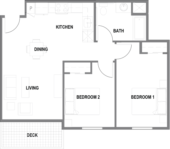 Floor Plan  The Bluffs at 44th 2 bedroom 1 bath 790sf