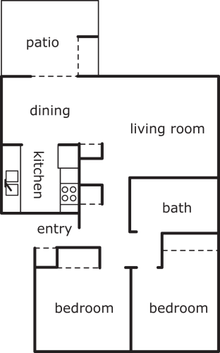 Floor Plan  2 Bed 1 Bath 830 SF