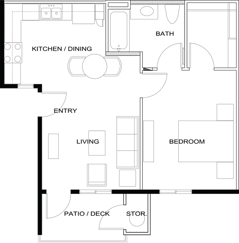 Floor Plan  A floor plan of a house with a kitchen, dining area, living room, bedroom, bathroom, patio, and storage.