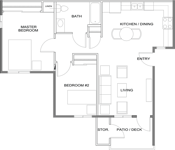 Floor Plan  A floor plan of a house with a master bedroom, a bath, a kitchen/dining area, an entry, a second bedroom, a living room, a storage area, and a patio/deck.