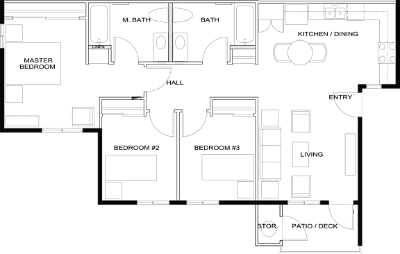 Floor Plan  A floor plan of a house with a master bedroom, three bedrooms, a kitchen, dining area, living room, and a patio.
