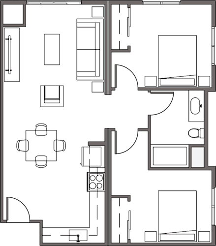Floor Plan  A floor plan of a house with a dining area, living room, and kitchen.