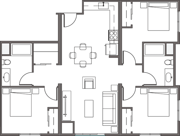 Floor Plan  A floor plan of a house with a central open space and rooms surrounding it.