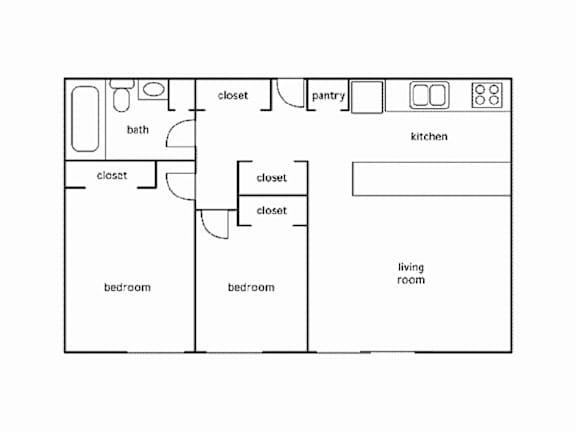 Floor Plan  A floor plan of a house with a living room, two bedrooms, a kitchen, a pantry, and a bath.