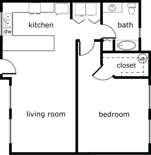 Floor Plan  1 bed 1 bath 740 sf