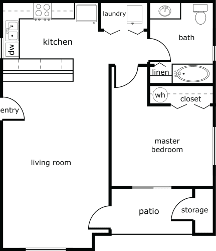 Floor Plan  1 bed 1 bath 741 sf