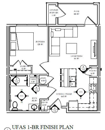 Floor Plan  A black and white image of a UFAS 1-BR FINISH PLAN floor plan.