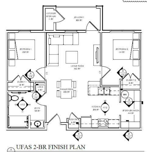 Floor Plan  A black and white image of a UFAS 2-BR FINISH PLAN.