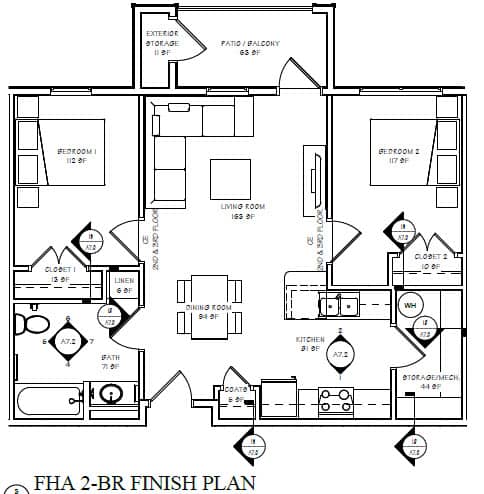 Floor Plan  A black and white floor plan of a two-bedroom, two-bathroom apartment.