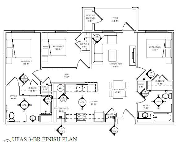Floor Plan  A black and white image of a UFAS 3-BR FINISH PLAN.
