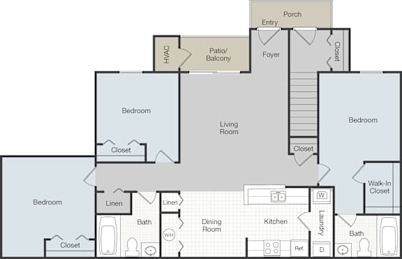 Floor Plan  A floor plan of a house with a porch, two bedrooms, a living room, a dining room, a kitchen, and a foyer.