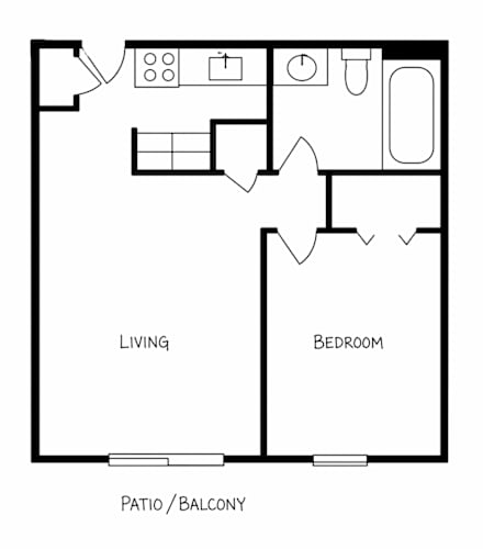 Floor Plan  A black and white image of a floor plan for a living room, bedroom, and patio/balcony.