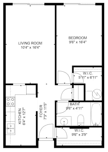 Floor Plan  A floor plan of a small apartment with a living room, bedroom, kitchen, and bathroom.