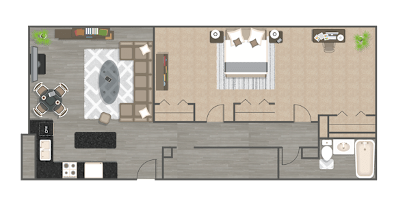 Floor Plan  A floor plan of a house with a kitchen, living room, and bathroom.