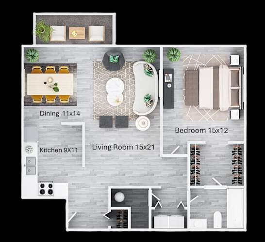 Floor Plan  A floor plan of a small apartment with a kitchen, living room, and bedroom.