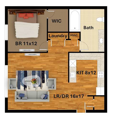 Floor Plan  A floor plan of a small apartment with a bedroom, bathroom, laundry, and kitchen.