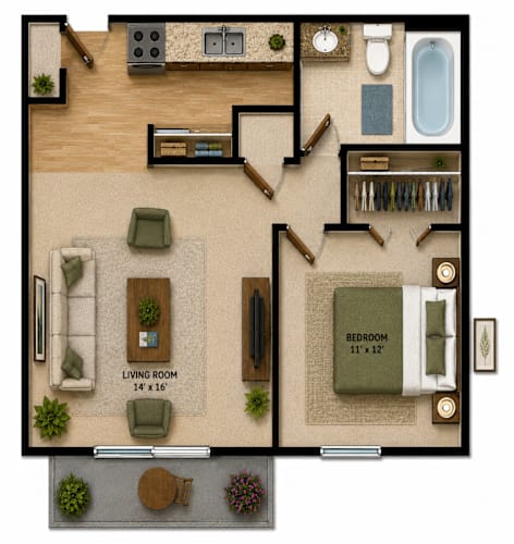 Floor Plan  A floor plan of a house with a living room, bedroom, and bathroom.
