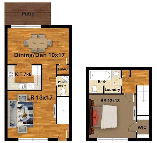 Floor Plan  A floor plan of a house with a patio, dining room, laundry room, and WIC.