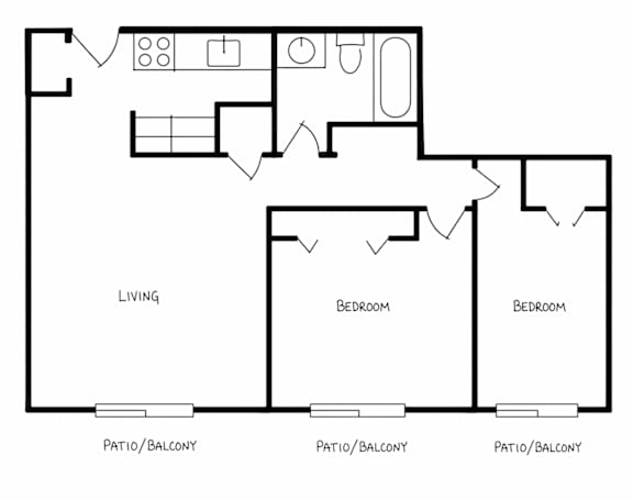 Floor Plan  A black and white image of a floor plan for a house with three bedrooms and three patio/balconies.