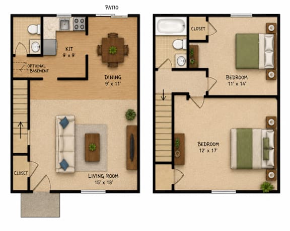 Floor Plan  A floor plan of a house with two bedrooms, a living room, a dining room, a kitchen, a patio, and a closet.