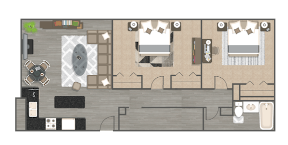 Floor Plan  A floor plan of a house with two bedrooms, a living room, a kitchen, and a bathroom.