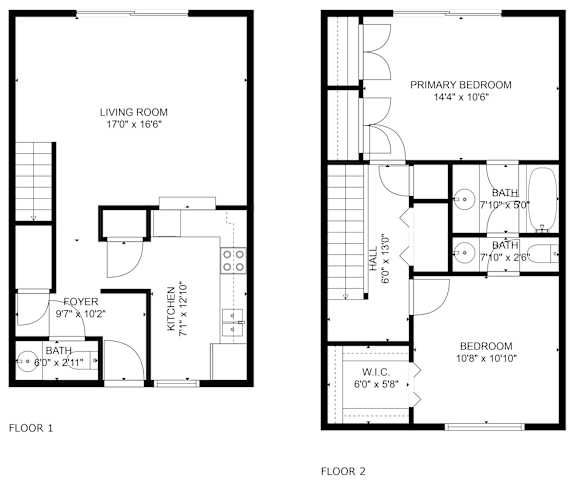 Floor Plan  A floor plan of a two-story home with a living room, kitchen, and two bedrooms.