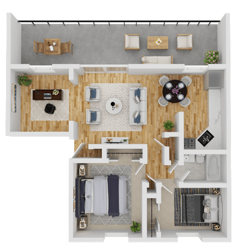 Floor Plan  A top-down view of a modern apartment layout with a kitchen, living room, and bedrooms.