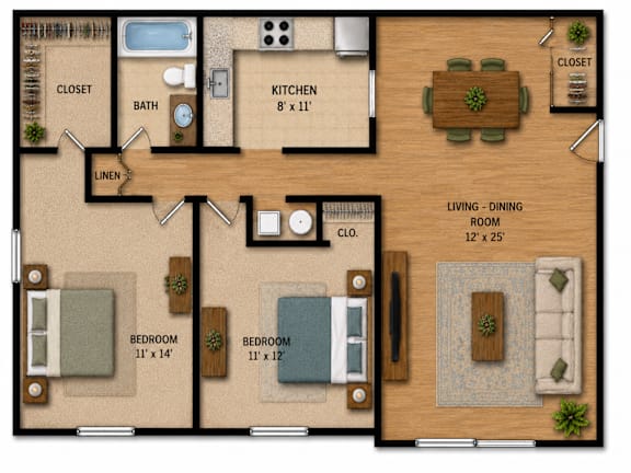 Floor Plan  A floor plan of a house with two bedrooms, a living room, a dining room, a kitchen, a bathroom, and a closet.
