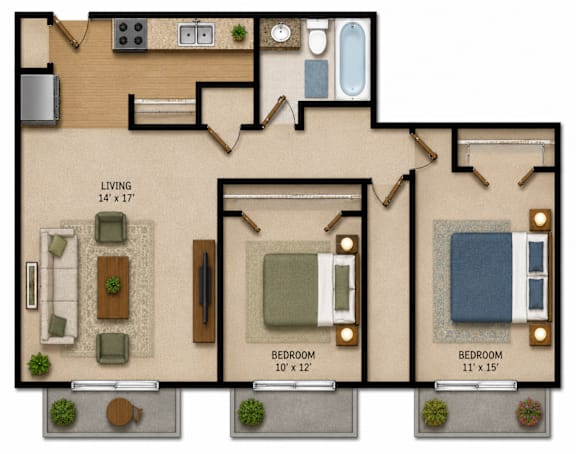 Floor Plan  A floor plan of a living space with three bedrooms.