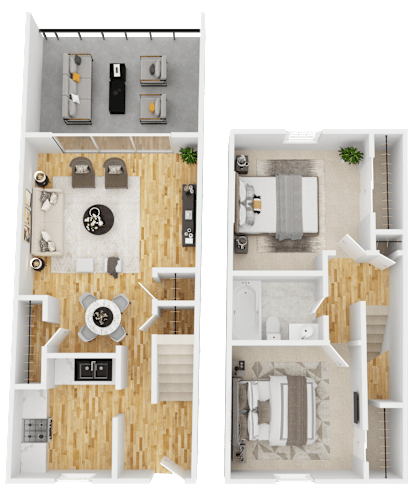 Floor Plan  A floor plan of a two-story apartment with a living room, kitchen, and bathroom on the first floor, and a bedroom with a bathroom on the second floor.