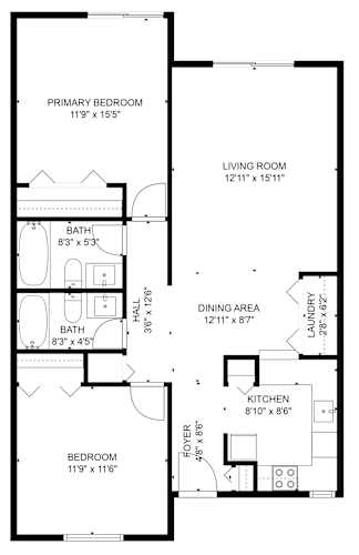 Floor Plan  A floor plan of a house with a primary bedroom, living room, dining area, laundry, and kitchen.