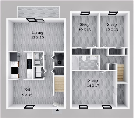 Floor Plan  Three Bedroom 1.5 Bath TH