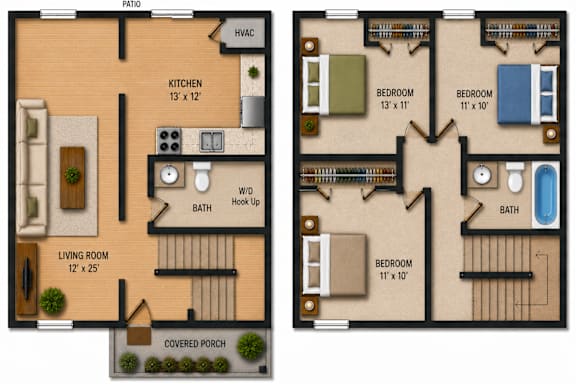 Floor Plan  A floor plan of a house with two bedrooms, a living room, kitchen, bathrooms, and a covered porch.