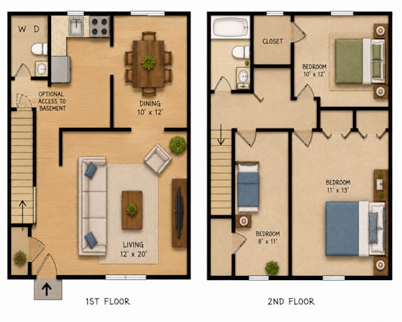 Floor Plan  A floor plan of a two-story home with a living room, dining room, and bedrooms.