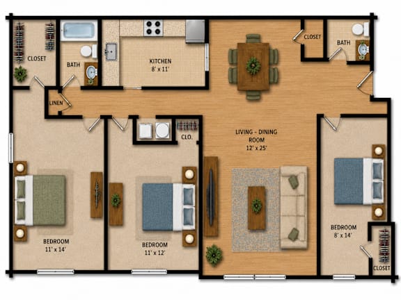 Floor Plan  A floor plan of a house with three bedrooms, a living room, a kitchen, a bathroom, and a closet.