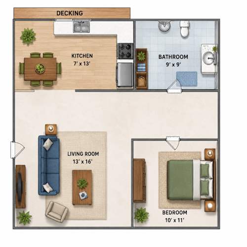 Floor Plan  A floor plan of a small apartment with a kitchen, bathroom, living room, and bedroom.