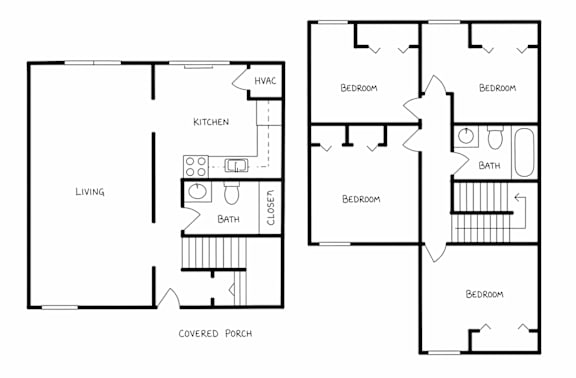 Floor Plan  A floor plan of a house with a living area, kitchen, and four bedrooms.