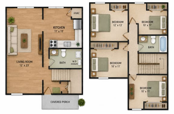 Floor Plan  A floor plan of a house with a kitchen, living room, and three bedrooms.