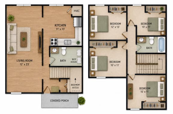 Floor Plan  A floor plan of a house with a living room, kitchen, and multiple bedrooms.