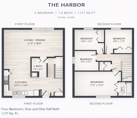 Floor Plan  A floor plan for a 1,177 square foot townhome with four bedrooms and one and one half baths.