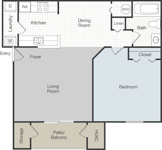 Floor Plan  A floor plan of a house with a living room, dining room, kitchen, and bedroom.