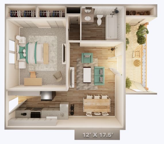 Floor Plan  A 12 x 17.5 foot floor plan of a house with a kitchen, living room, and dining area.