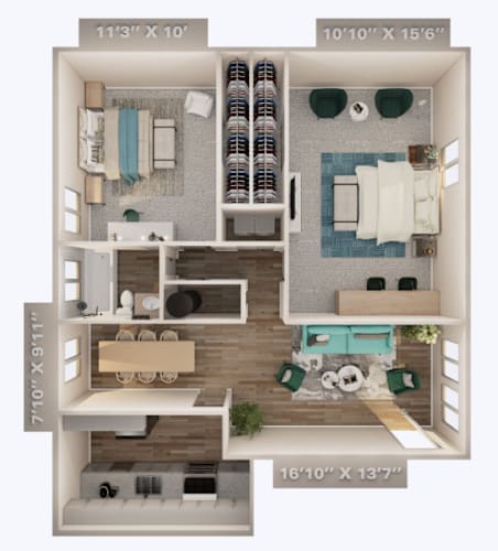 Floor Plan  A 3D floor plan of a small apartment with a kitchen, living room, and bathroom.