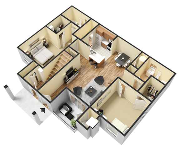 Floor Plan  A 3D floor plan of a house with multiple rooms and furniture.